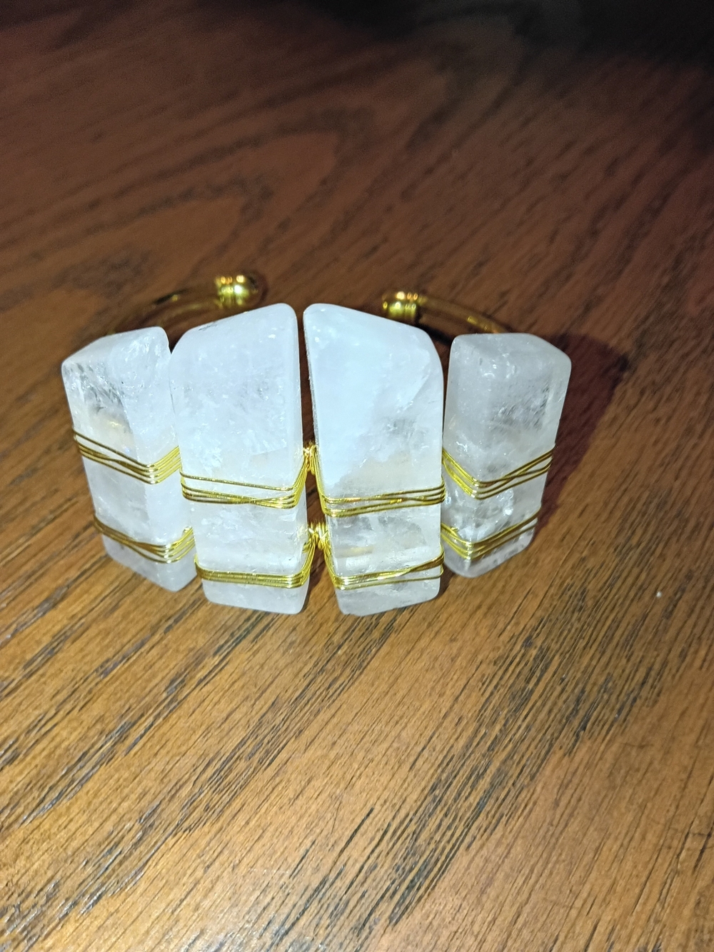 Gold Wire Wrapped White Crystal Cuff Bracelet